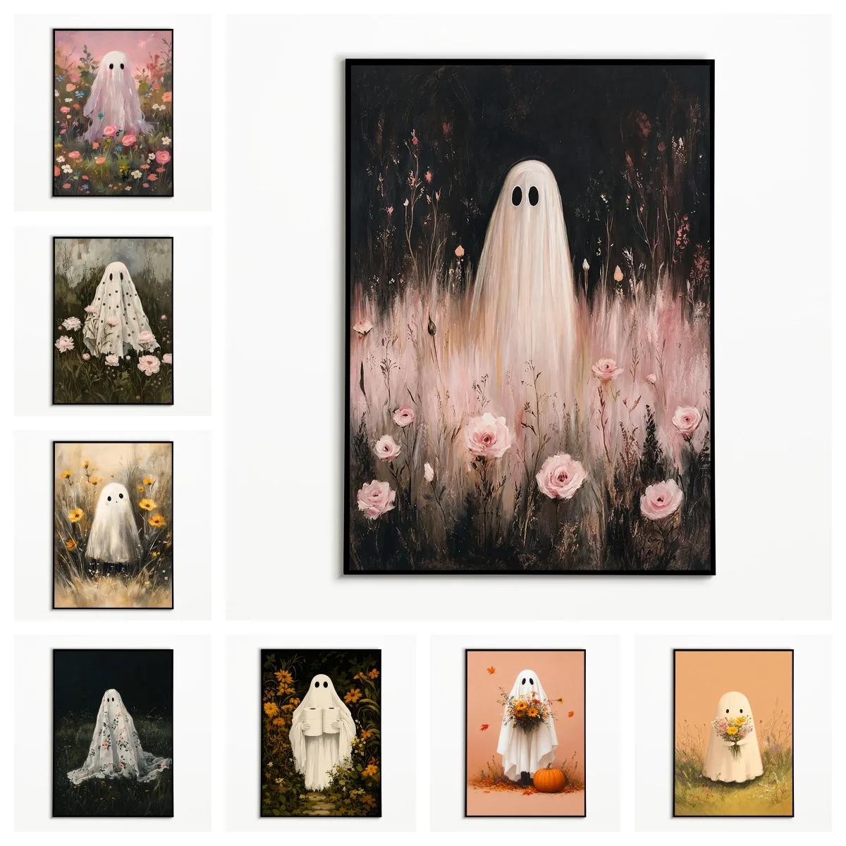 1PC  Halloween Pink Flower Bed Creepy Ghost Poster  Autumn Pink Rose Flower Wall Art  Frameless Canvas Printing Festival Gifts