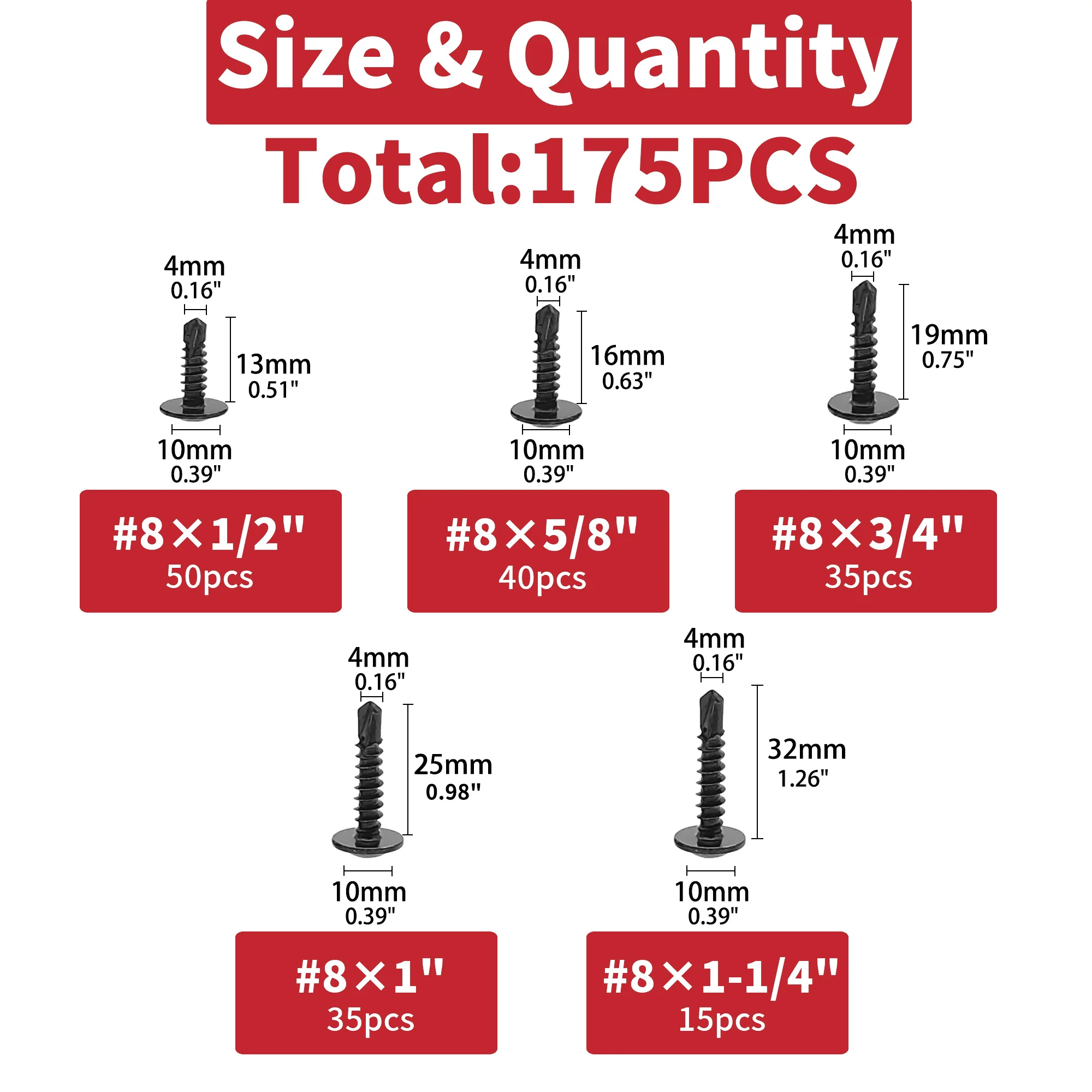 Set di viti TEK autoperforanti in acciaio inossidabile 175 pezzi 410 - Nero e argento, antiruggine, per riparazione di mobili/apparecchi elettrodomestici e fai da te
