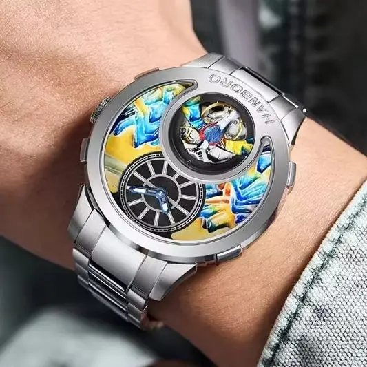 HANBORO Men Automatic Watch 43.6mm Luxury Mechanical Wristwatch Luminous Rotatable Bird Enamel Carved Painted Dial Miyota Mov
