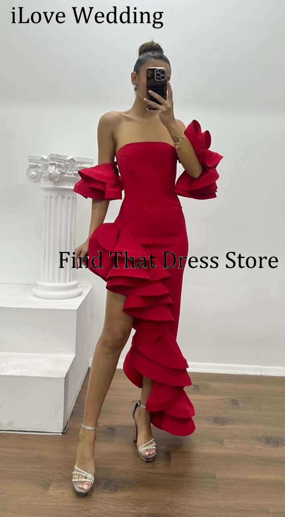 فستان سهرة نسائي أحمر كلاسيكي بياقة قارب وكشكشة متدرجة فستان سهرة قصير بدون ظهر للحفلات الراقصة