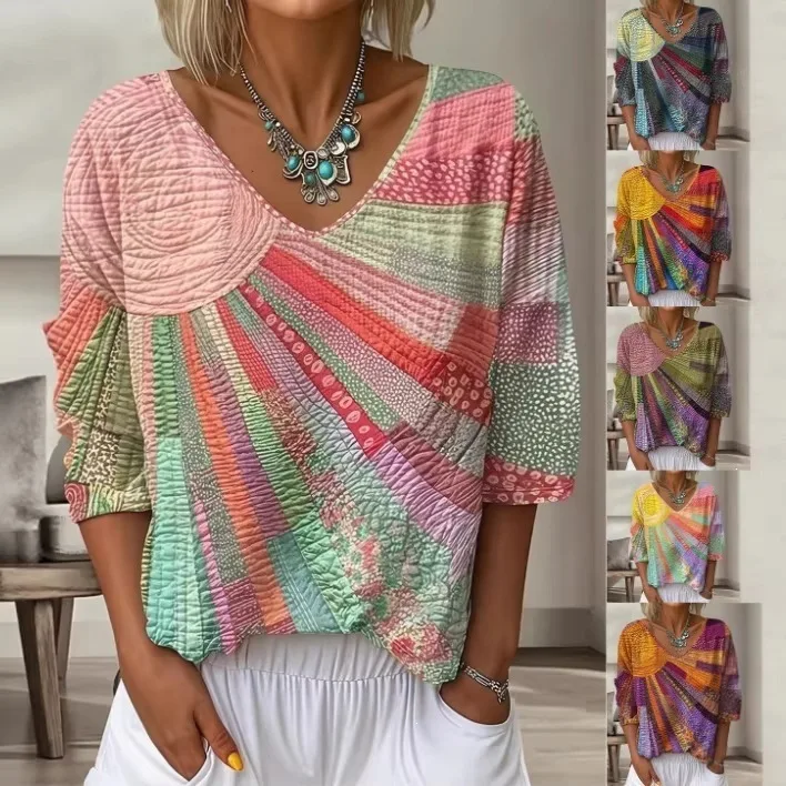 Women's V-Neck Quilted Texture Top Colorful Radiant Sunburst Print Short Sleeve Loose Fit Boho Summer Blouse