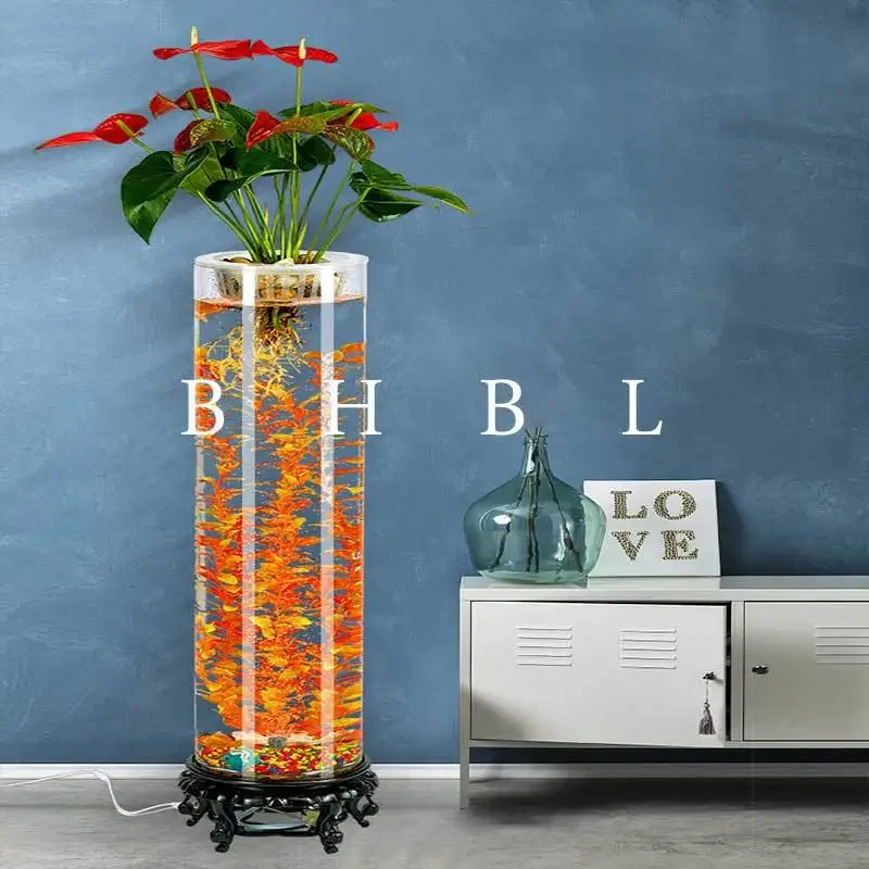 transparent cylindrical floor-to-ceiling light oxygenated fish tank vertical, household indoor, living room glass fish tank
