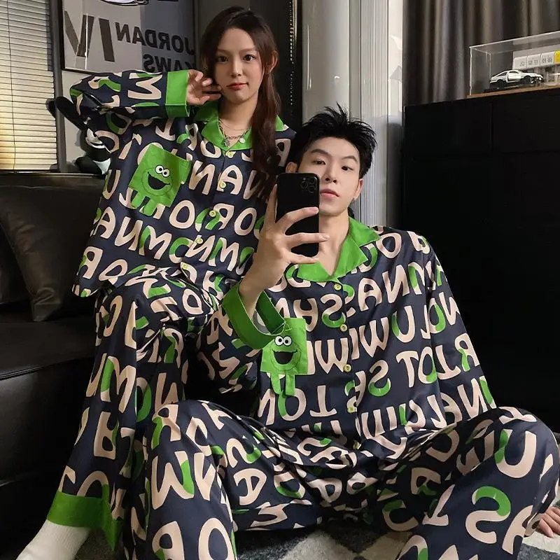 

Комплект домашней одежды для пар больших размеров: кардиган с кубинским воротником и длинные брюки, весенний, с длинным рукавом, молодежный, из двух предметов