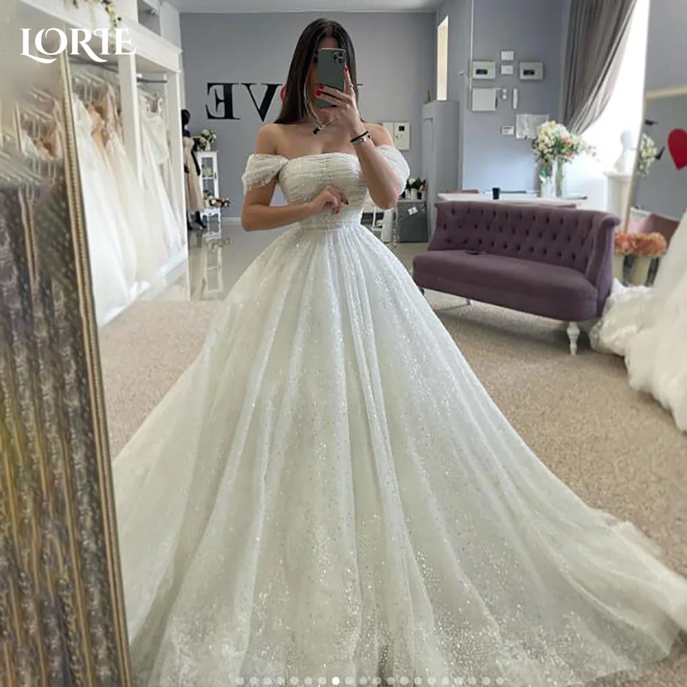 

LORIE Glitter Sparkly Wedding Dresses Elegant Off Shoulder A-Line Ball Bridal Gown Princess Pleats Customized Bride Dress 2025