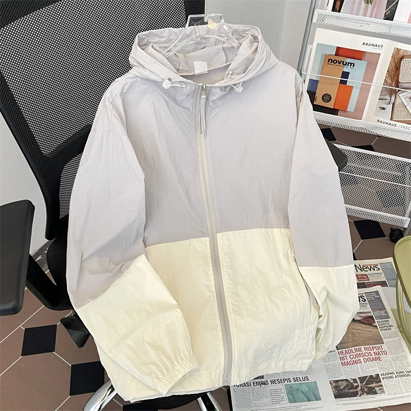 

Men Outside Sun Protective Clothing Summer New Thin Casual Loose Zipper Splicing Skin Suit Korean Pockets Long Sleeve Coats