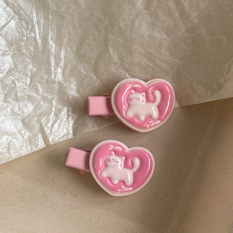 Pink Love Heart Cat Hair Clip Cartoon Sweet Cute Fun Aesthetic Hair Accessories for Women 2023 Trending Hairwear