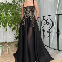 Romantic Sexy Black Golden Long Evening Dress Spaghetti Strap Sparkly Crystal Flower Floor Length Prom Gown 2022 Robes De Soirée