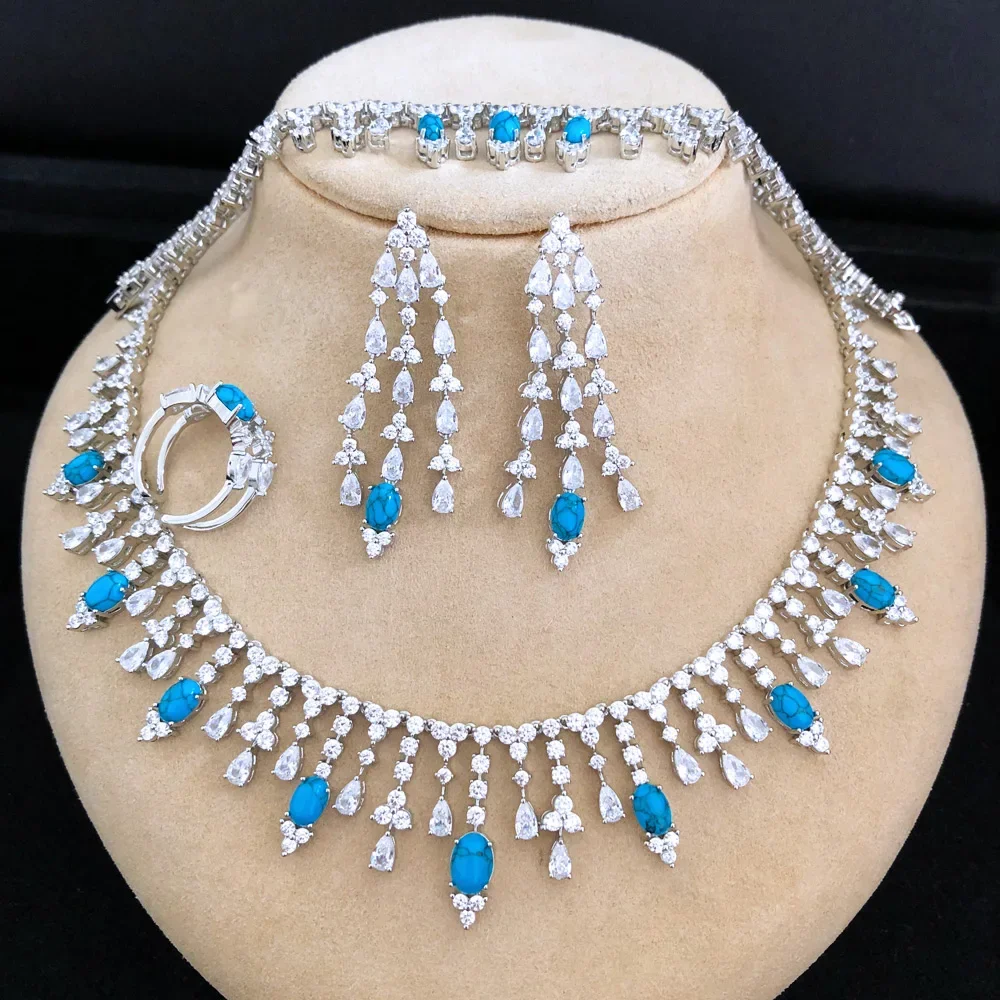 Famous Luxury 4PCS Arabia Jewelry Set For Women Wedding Party Cubic Zircon Dubai Bridal Necklace Earring Bangle Ring Set