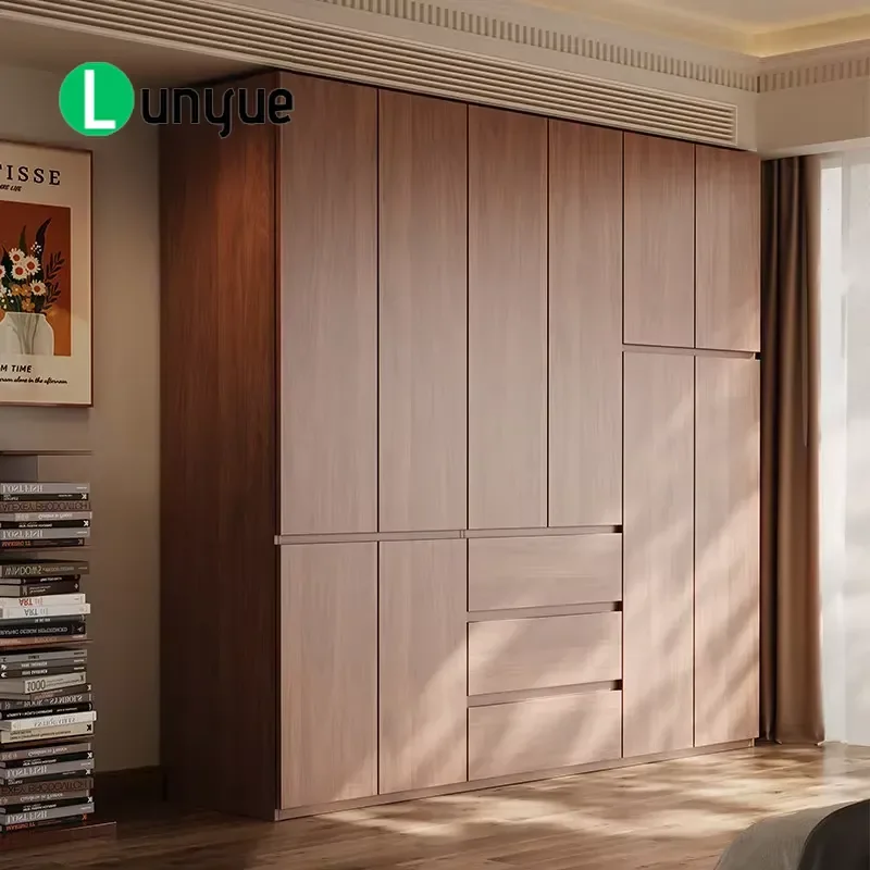Solid Oak Wood Wardrobe Modern Simple Handleless Swing Door Bedroom Storage Cabinet Compact Design for Small Space Home