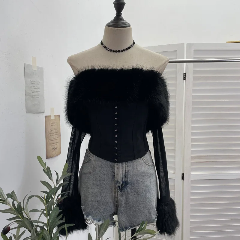 เสื้อยืดแขนยาวผ้าตาข่ายเปิดไหล่สไตล์เซ็กซี่สำหรับผู้หญิง เสื้อครอปสั้นสไตล์ Y2K แนวสาวเปรี้ยว