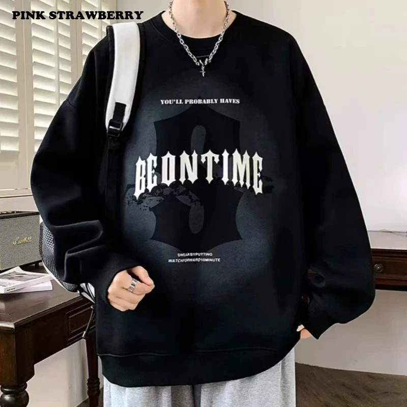American Retro Black Plush Sweatshirt Men Autumn Winter 2025 New Oversize Loose Long sleeves Pullover Y2K Top Men Warm clothing