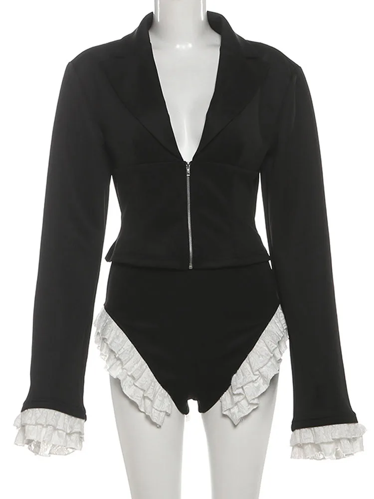 MCDV Lace Patchwork 2-Piece Set Women Sexy V-Neck Zipper Flare Sleeve Crop Tops+High Waist Shorts Matching Elegant Party Outfits