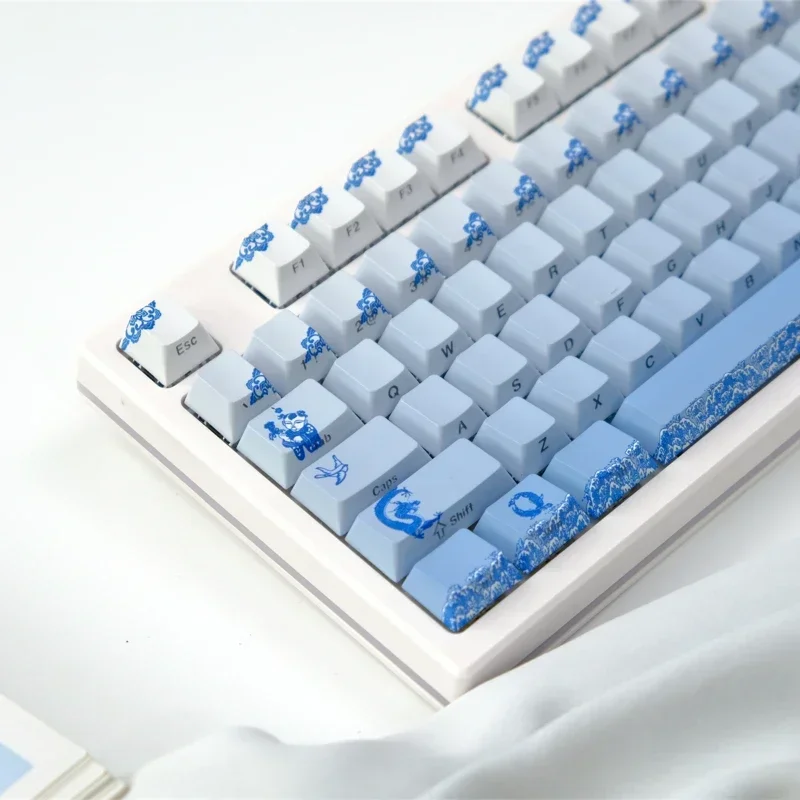 Blue and White Keycaps Custom  PBT Side Carving Translucent Cherry Profile Keycap Cute Sublimation Point Mechanical Keyboard Cap