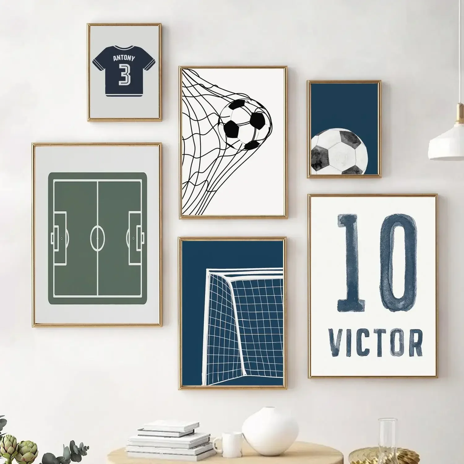 Blue Football and Goal Canvas Poster Green Football Field Map Jersey Nordic Wall Art Canvas Painting for Kids Room Prints Decor