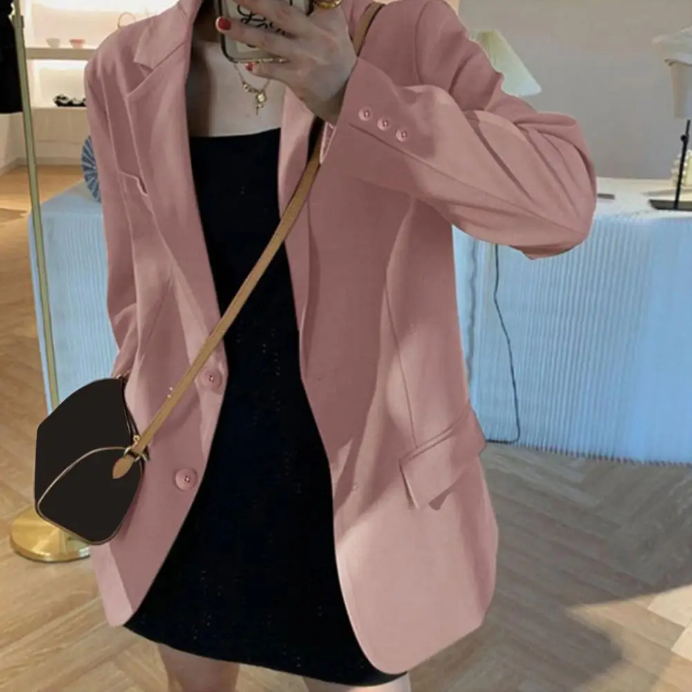 Single Breasted Suit Coat Elegant Lapel Women's Suit Coat Flap Pocket Single Breasted Loose Fit Work Outwear with Cuff Button