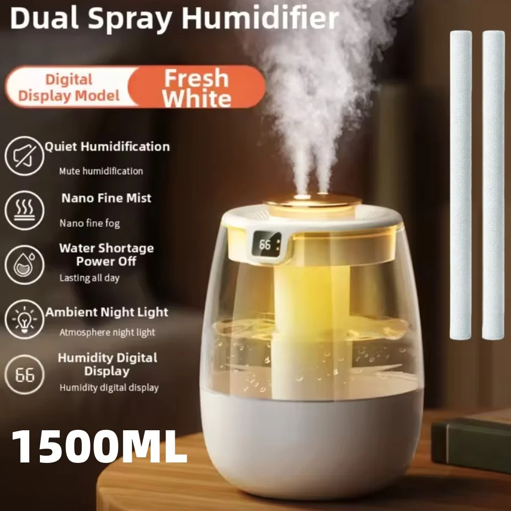 1,5-Liter-Luftbefeuchter mit großer Kapazität, leiser Nebelgenerator für den Innenbereich, USB-wiederaufladbar, Doppelsprüh-Luftbefeuchter mit LED-Licht