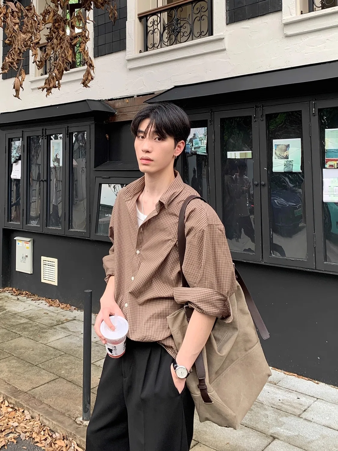 Casual Plaid Long Sleeve Shirt Men's Spring Autumn Loose Versatile Commute Outerwear Small Jacket Shirt Standard Fit Polyester