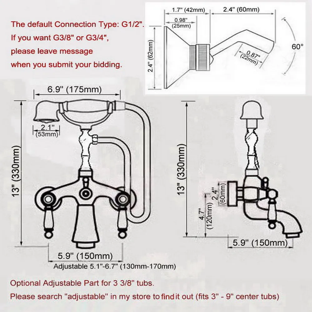 Chrome Brass Double Handle Wall Mounted Bathroom Tub Faucet Set with 150CM Hand Held Shower Spray Mixer Tap 2na748