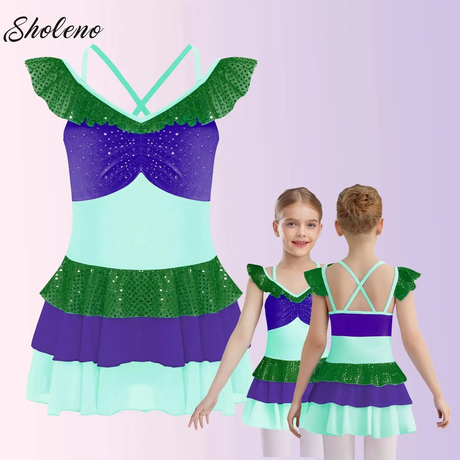 

Kids Girls Mermaid Rhinestone Ballet Jersey Leotard Tutu Dress Gymnastics Artistic Figure Skating Dance Costume Tiered Dress