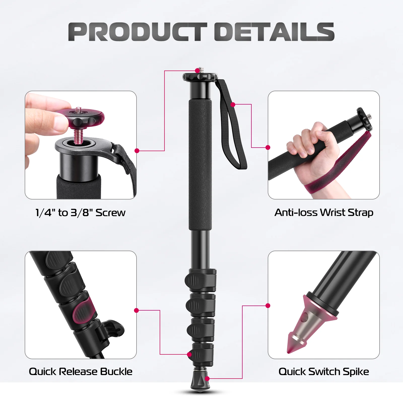 Ulanzi TB12 Aluminium Monopod Tripod Stand For DSLR Camera Sony Portable Lightweight 5 Sections Extendable Climbing Pole Tripod