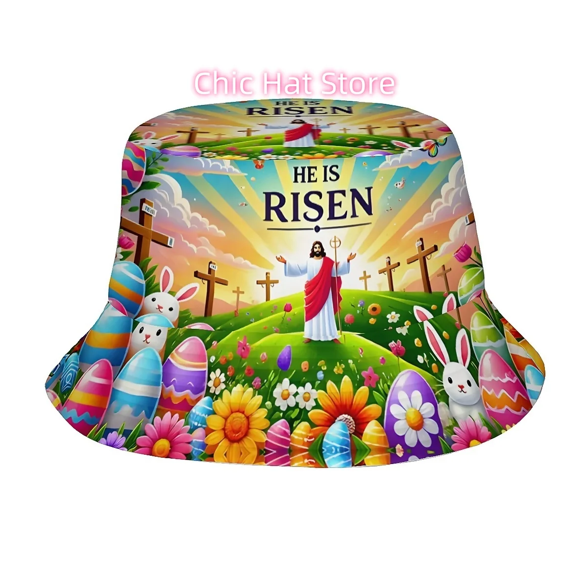 1pc Joyful Easter, Christ And The Cross, Bunny, Easter Egg Unisex Printed Fishing Hat, Trendy Hat with a Playful Character, Suit