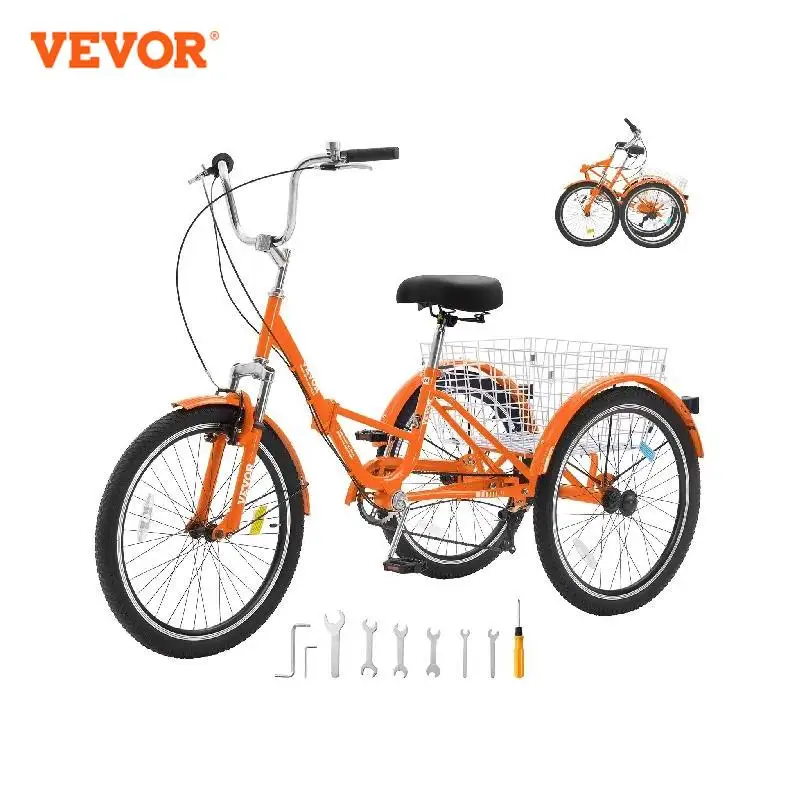 

VEVOR 24Inch Folding Adult Tricycle 7-Speed Adult Folding Trikes Carbon Steel 3 Wheel Cruiser Bike with Basket & Adjustable Seat