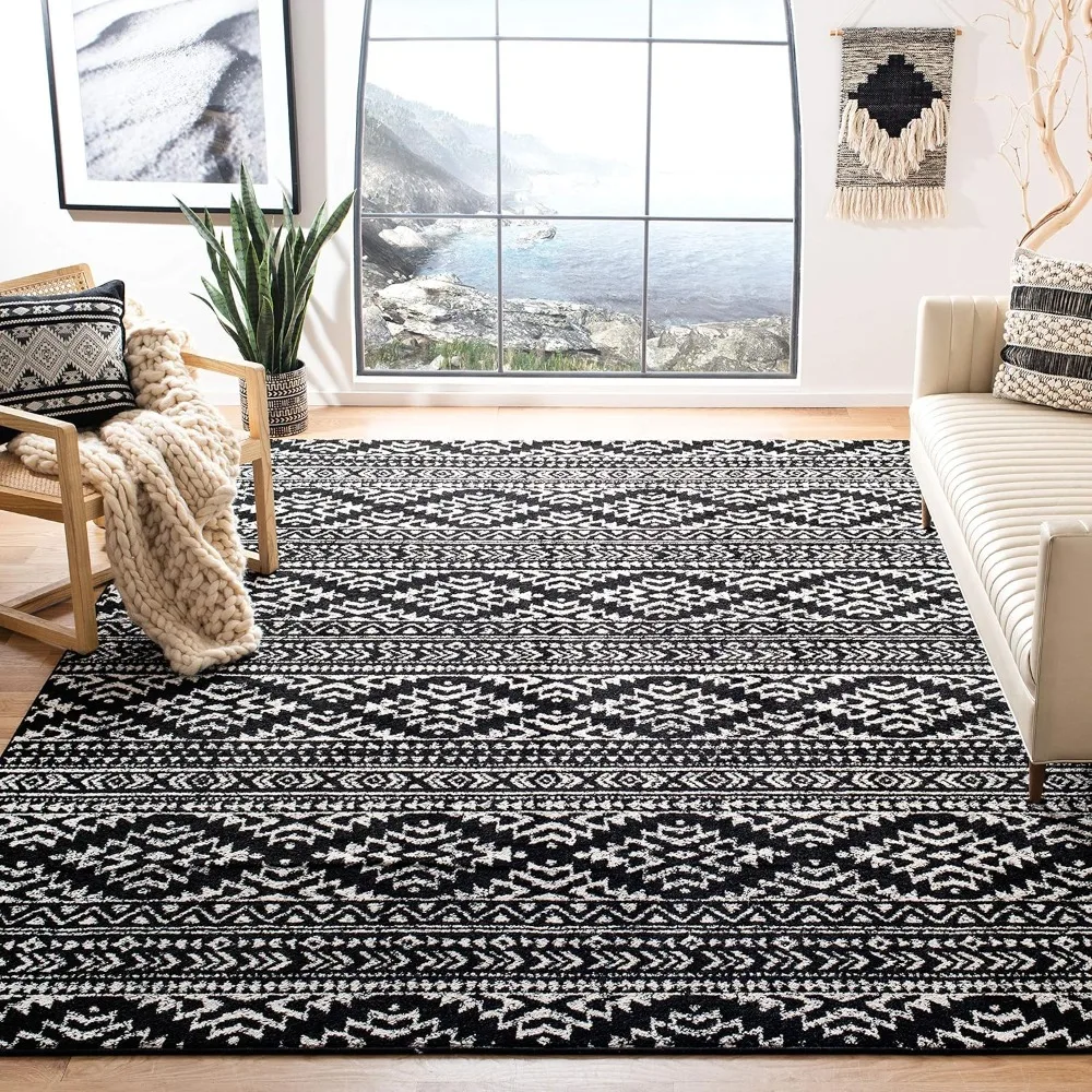 Collection Area Rug - 9' x 12', Black & Ivory, Moroccan Boho Tribal Design, Non-Shedding & Easy Care, Ideal