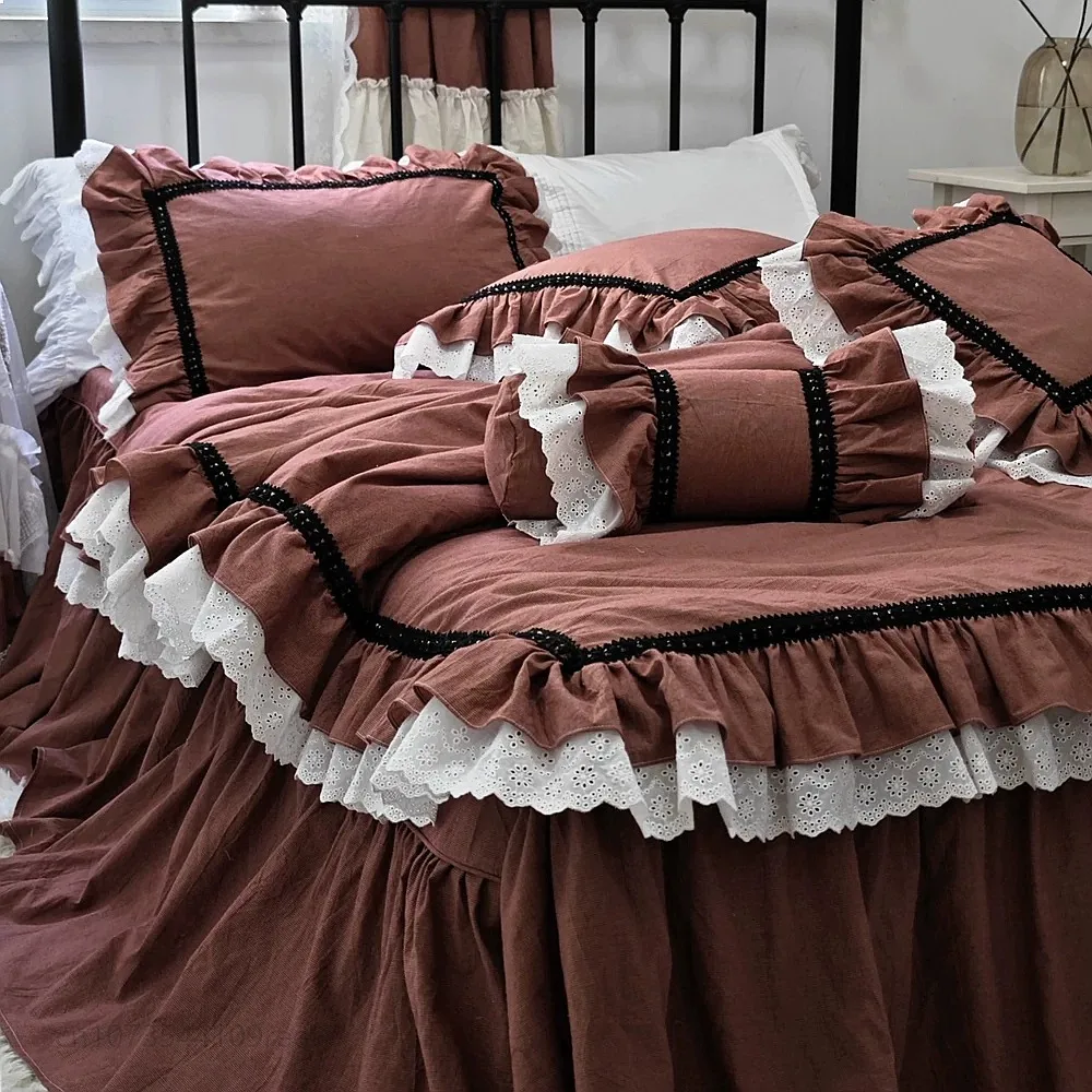 French Korean Princess Houndstooth Wine Red Soft Cotton Bed Skirt Sheet Set 4pcs