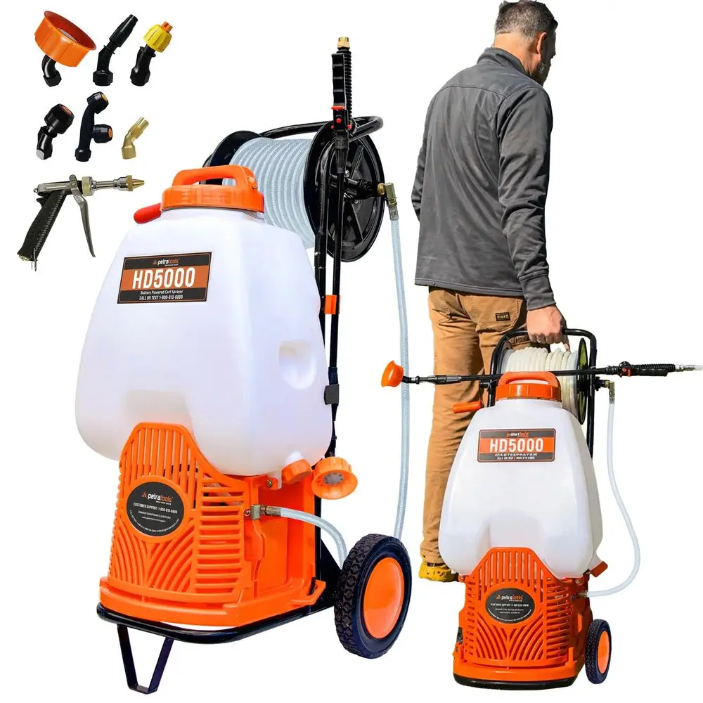 

Battery Backpack Sprayer with Custom Fitted Cart and 100 Foot Commercial Hose, 2 Hoses Included, Commercial Quality Heavy Duty