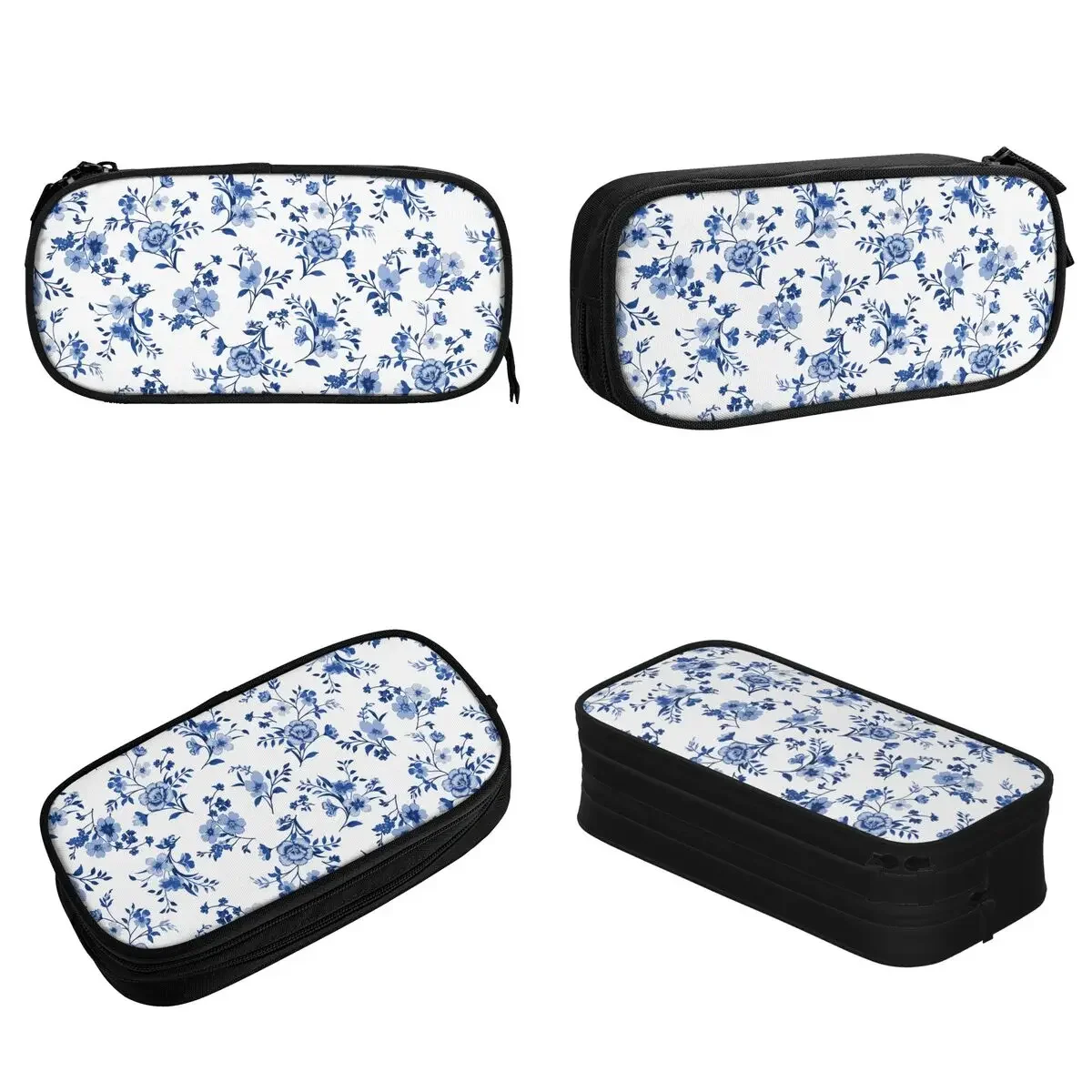 Blue Floral Pattern Pencil Cases Vintage Flowers Pen Box Pencil Bags Student Large Storage School Supplies Cosmetic Pencil Box