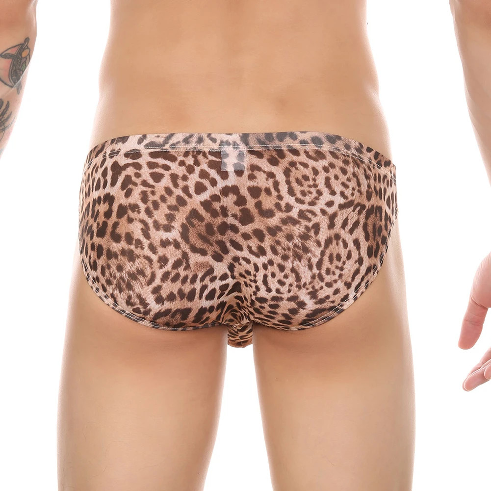 Mens Sexy Briefs Leopard Bulge Pouch T-back Shorts Underwear Mesh See Through Male\'s Smooth Swimming Trunks Swimwear Beachwear