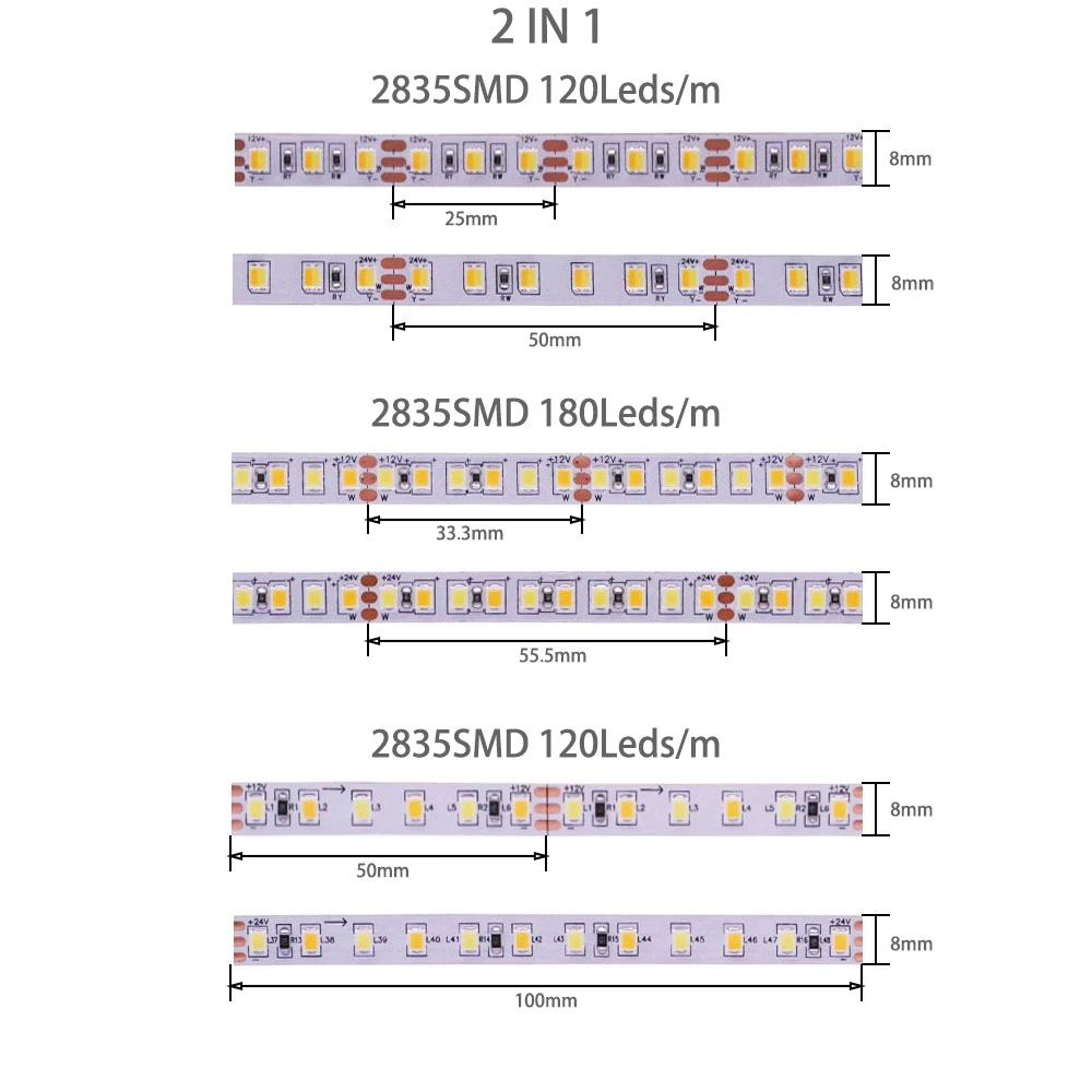 2835SMD temperatura barwowa taśmy LED 120 leds/m 180 leds/m CCT elastyczne światło taśmy ściemniania wstążka do dekoracji domu DC12V/24V