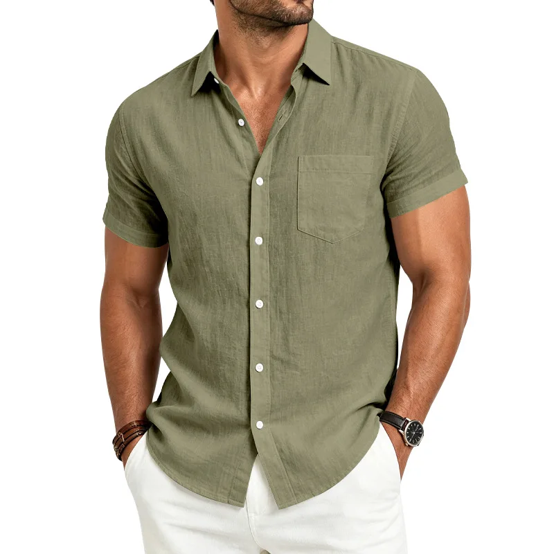 European and American Linen Top Men's Retro Casual Short-Sleeved Lapel Loose Large Size Beach Button-Up Shirt