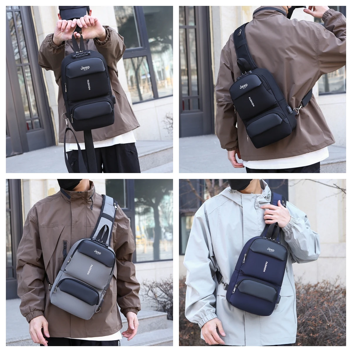 JEEP BULUO Brand Men Chest Bag Fashion Casual Black Nylon Crossbody Backpack Sling Bag For Boy And Girls Waterproof High Quality