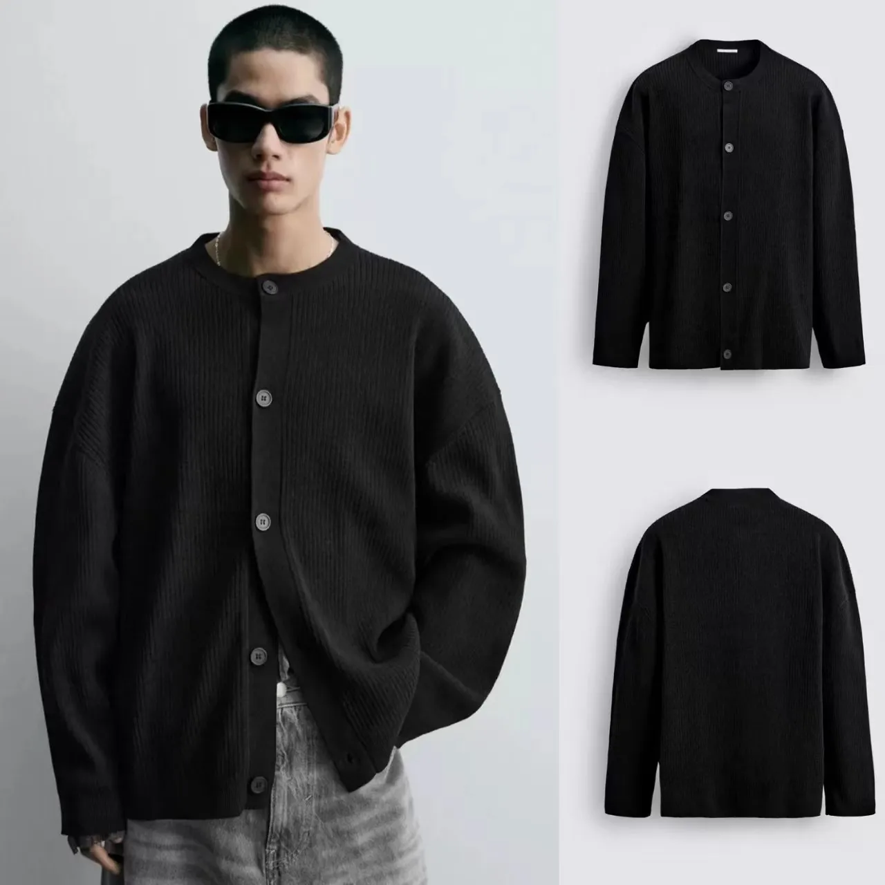 New 2025 Men's Slim Fit Long Sleeve round Neck Open Cardigan Jacket Autumn Fashion Casual Style Commute Suitable Outerwear