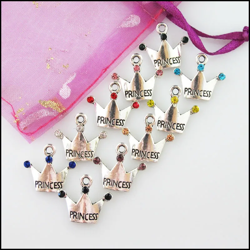 20Pcs Mixed Crystal Antique Silver Color Princess Crown Charms Pendants 17x19mm