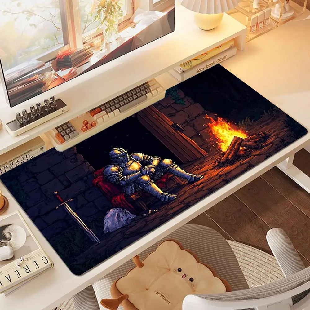 Mouse Pads Medieval Heavy Armored Knight Resting Beside Warm Campfire Stone Hut Playmat Large Size For Laptop  Learning Mat