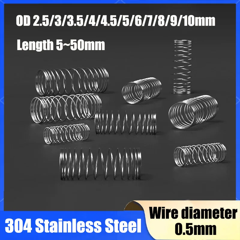 10Pcs/Lot 0.5mm Stainless Steel Micro Small Compression Spring OD 2.5/3/3.5/4/4.5/5/6/7/8/9/10mm Length 5mm To 50mm