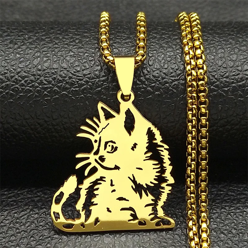 Siamesische Kätzchen Katze Anhänger Halskette Für Frauen Männer Edelstahl Gold Silber Farbe Hohl Kitty Tier Liebhaber Kette Schmuck – Detail 5