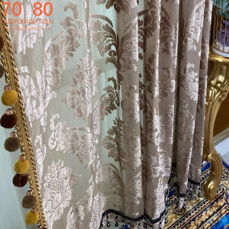 New High-end European Coffee Purple Velvet Jacquard Window Curtains for Living Room Balcony Villa Finished Products Customized