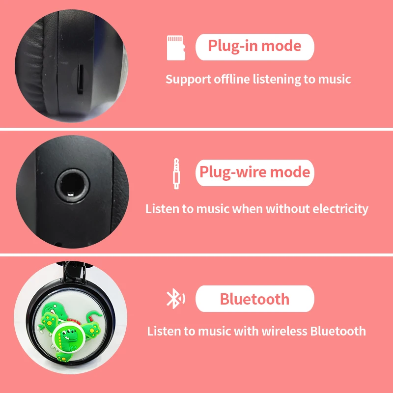 Wireless Bluetooth Headset with Microphone Dinosaur Animal Boy Girl Fun 360 Degree Rotatio TF Card Phone Headphones for Children