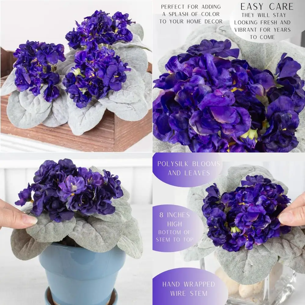 

Purple African Violet Artificial Silk Flower Bushes - Set of 3 Individual Fake African Violet Plants