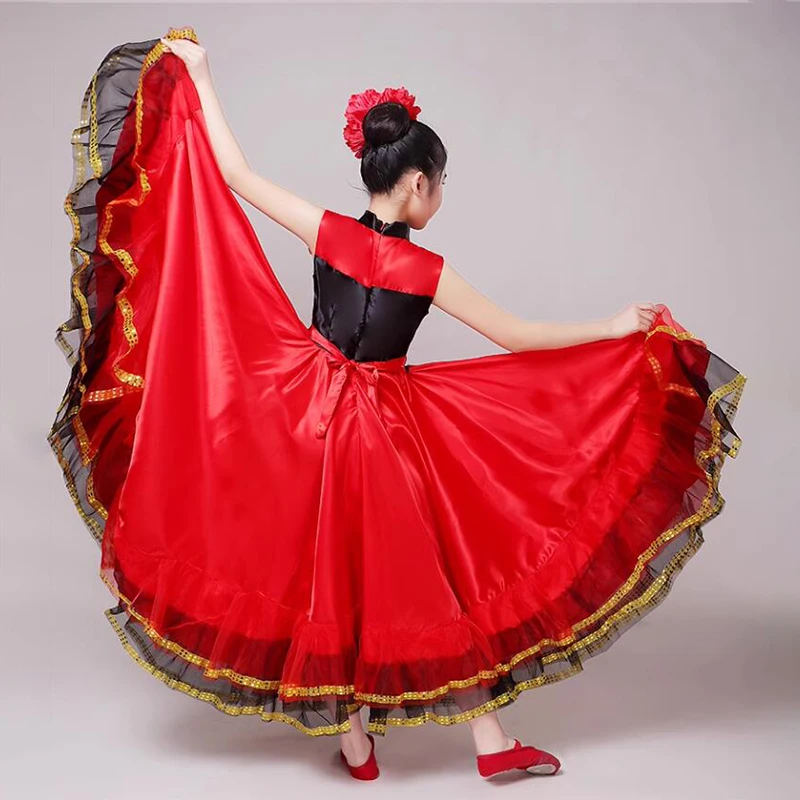 Girls Spanish Flamenco Dance Dresses 360/540/720 Degree Big Swing Skirt Kids Opening Dance Stage Performance Costumes