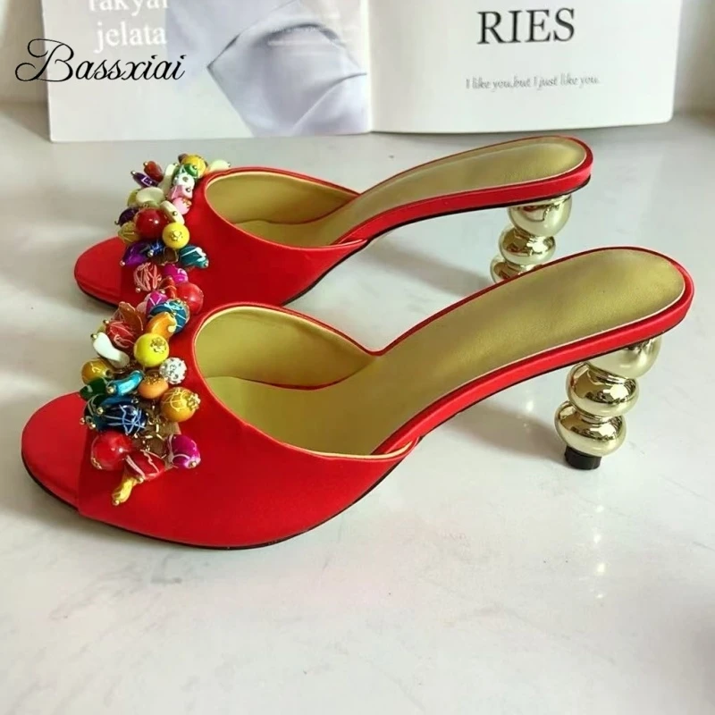 

Colorful Candy Beads Flower Decor Sandals Women Sugar-Gourd-Shaped Heel Luxury Satin Slingbacks Mules Summer