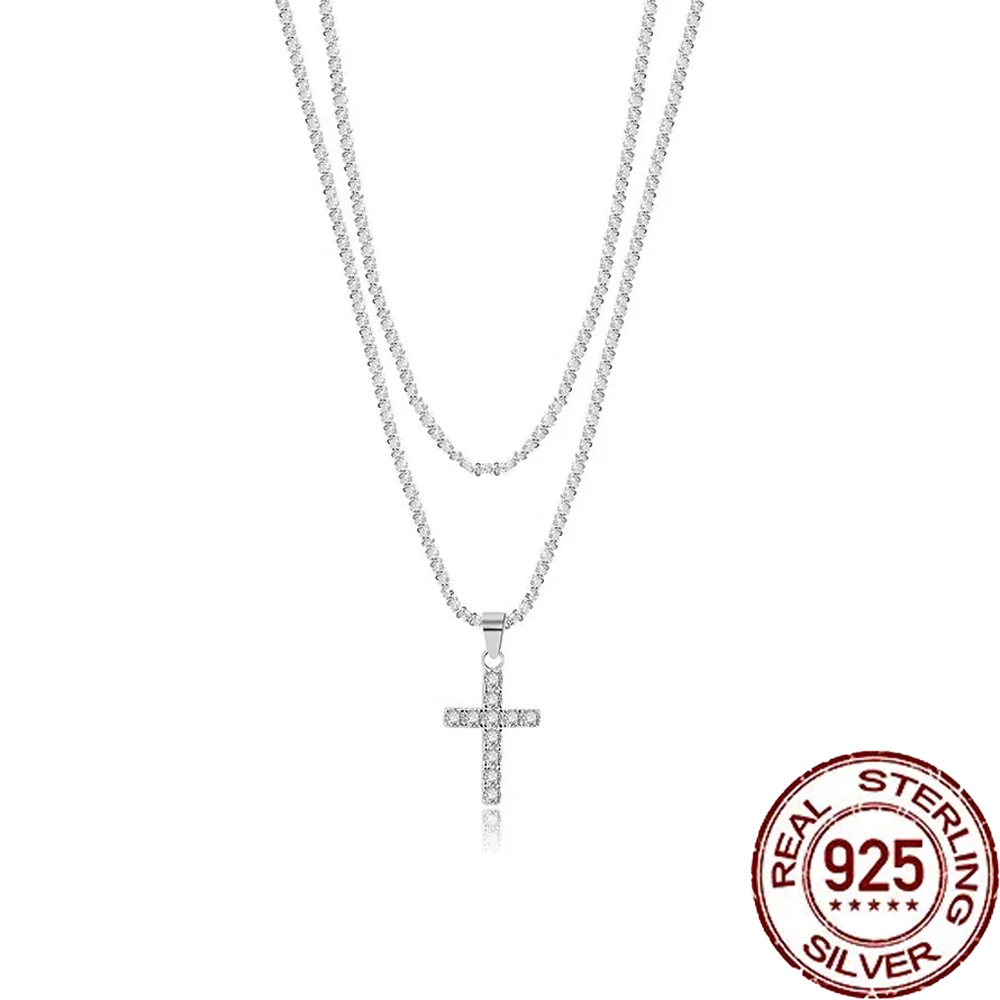 QooLady 925 Sterling Silver Shiny Cubic Zircon Pave Cross Design Pendant Necklace for Women Party Accessories Jewelry Gift SD018