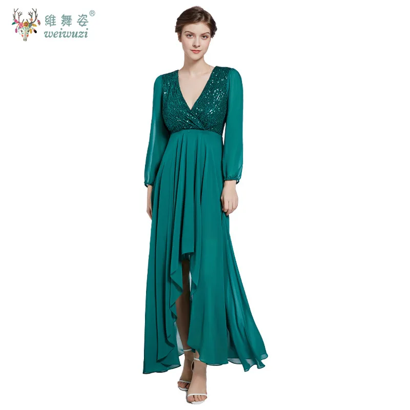 

Осеннее новое женское элегантное и нежное платье-фрак с длинными рукавами и V-образным вырезом с блестками, шифоновое вечернее платье трапециевидной формы с вышивкой