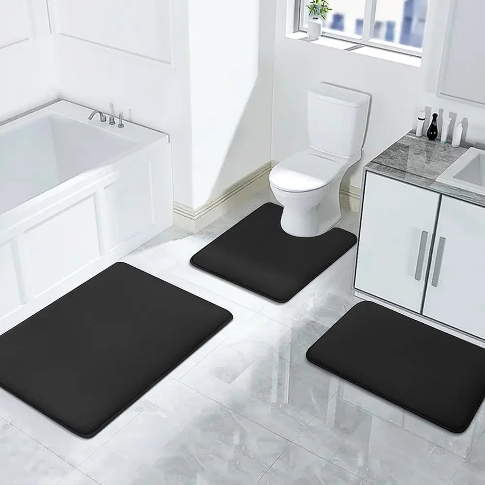 3PC, pure color sponge flat simple style bathroom toilet water-absorbent non-slip floor mat set, can wash home decoration