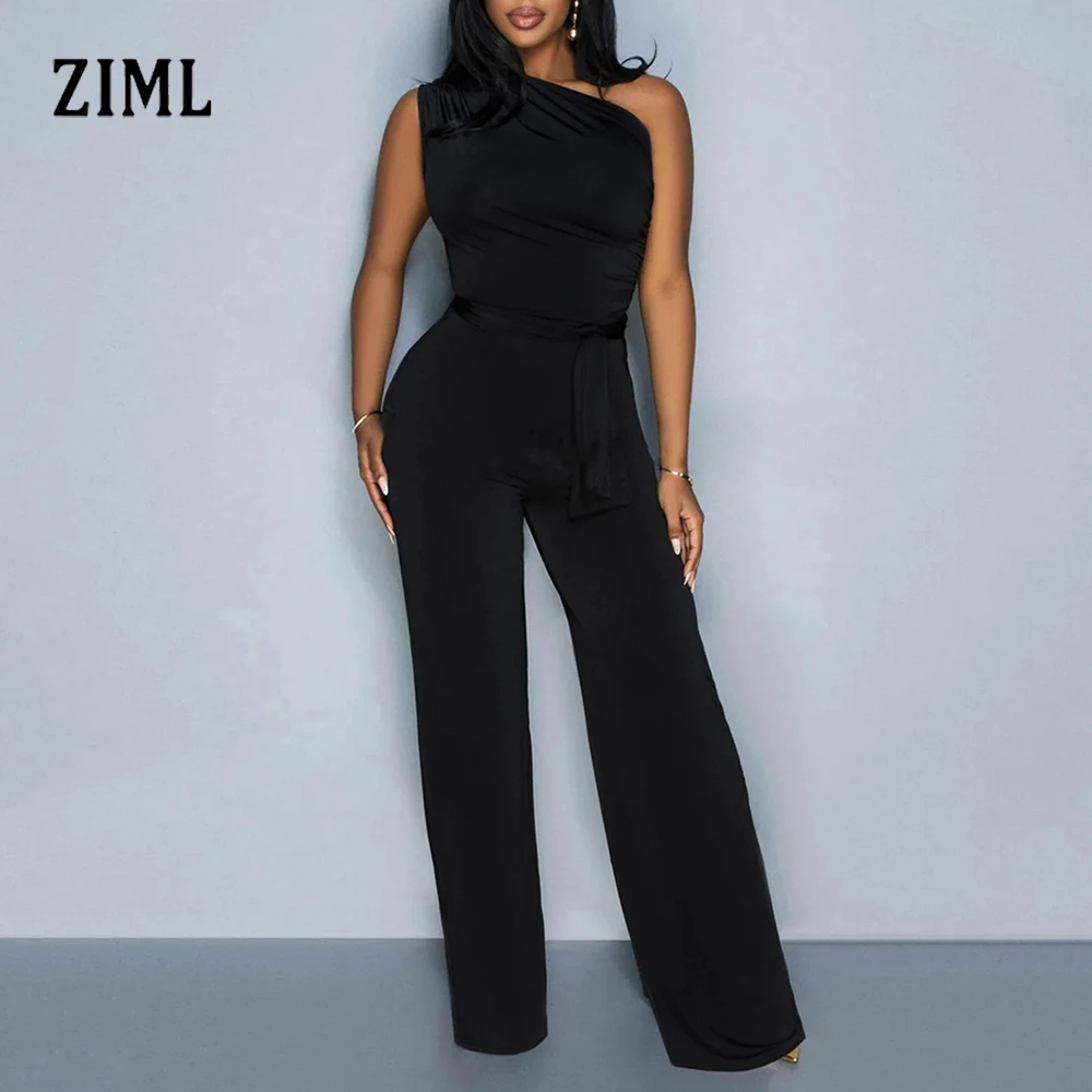 

ZIML утягивающие однотонные повседневные комбинезоны для женщин с диагональным воротником без рукавов и высокой талией, осенний темпераментный комбинезон, женская мода