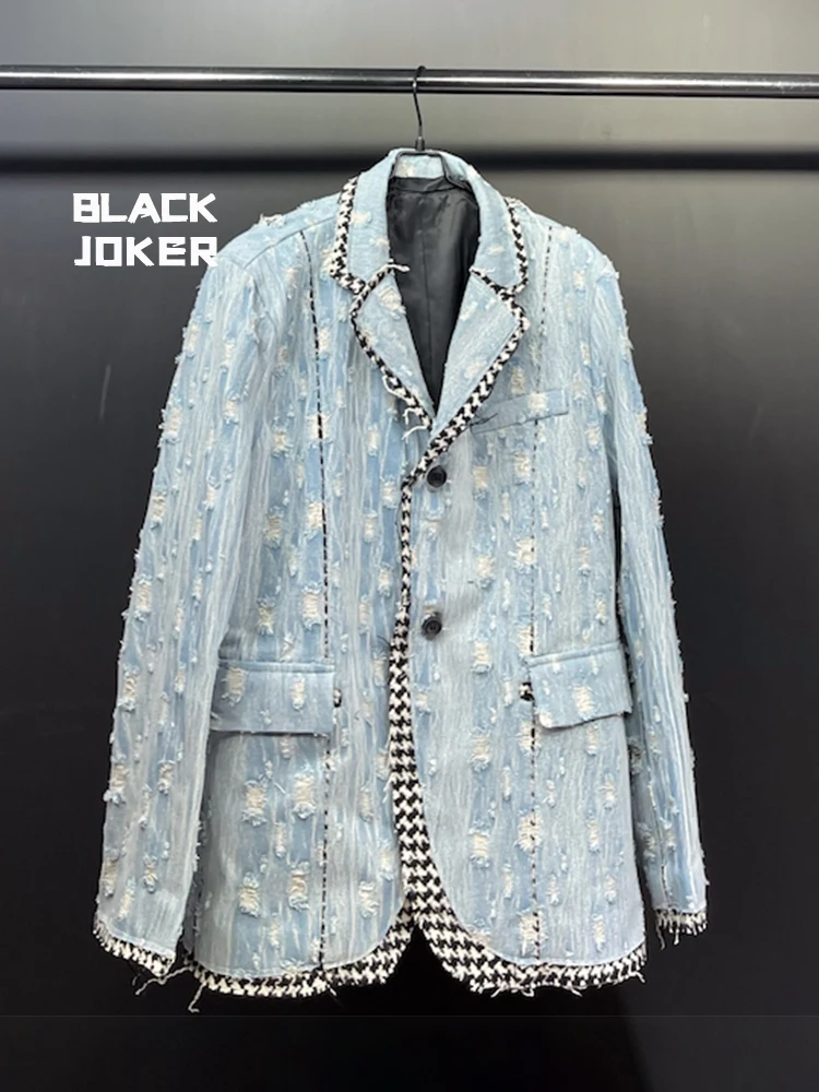 BLACK JOKER Original design Wash fabric Hole tassel Bumster style blazers Fringed edge Casual suit jackets Unisex blazers tops