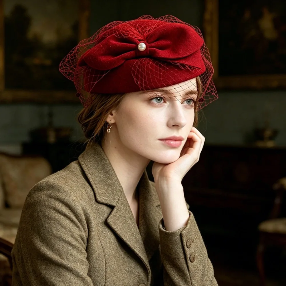 Uniform Stewardess Hat French Style Bow Fedora Hat Fedoras Pearls Pillbox Hat Versatile Dome Medicine Box Hat Masquerade Party